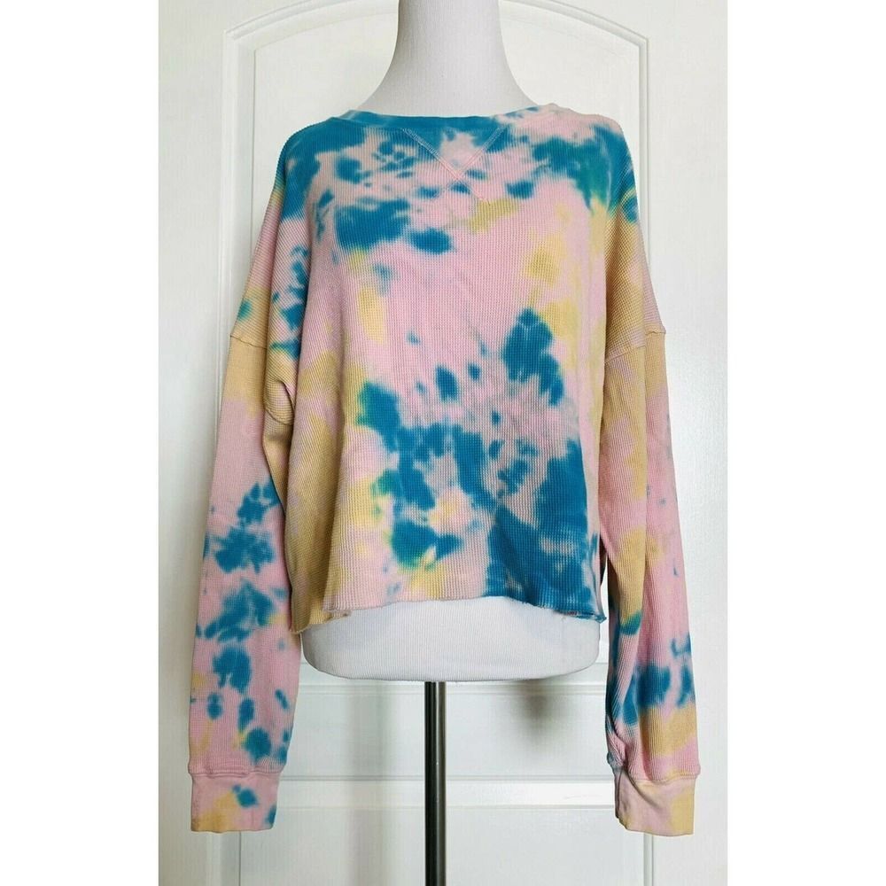 LOVE VINTAGE Boutique Waffle Knit Long Sleeve Slight Crop Pullover Tie Dye M / L